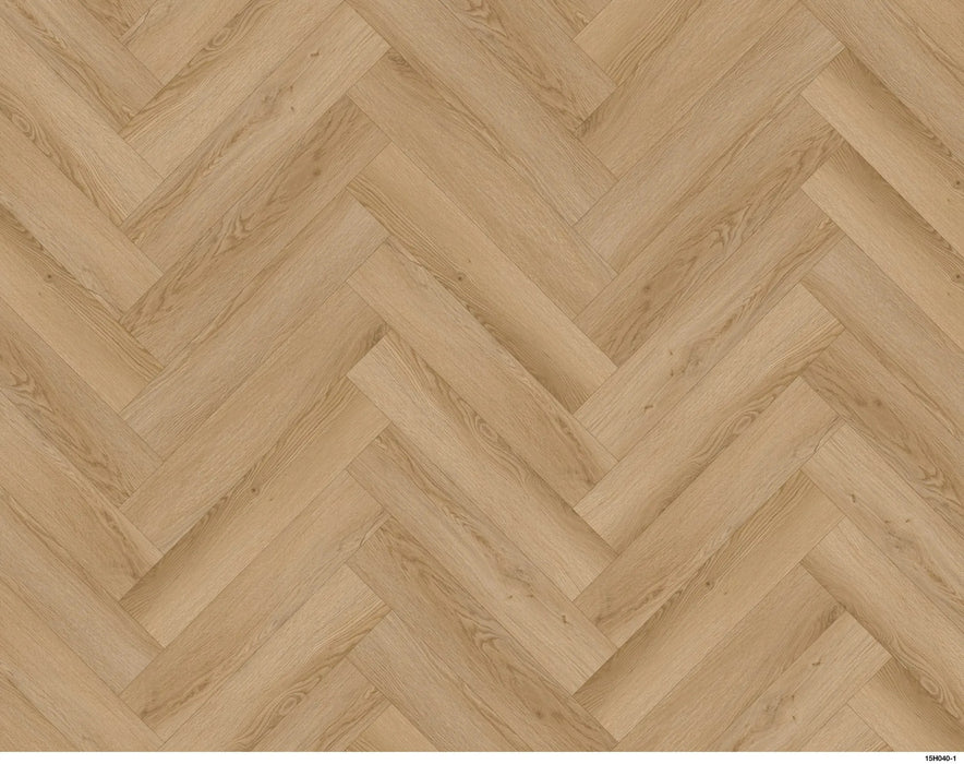 Canadian Standard Akita 12mm waterproof laminate flooring arranged in a classic herringbone pattern with realistic textured wood grain layout overview details