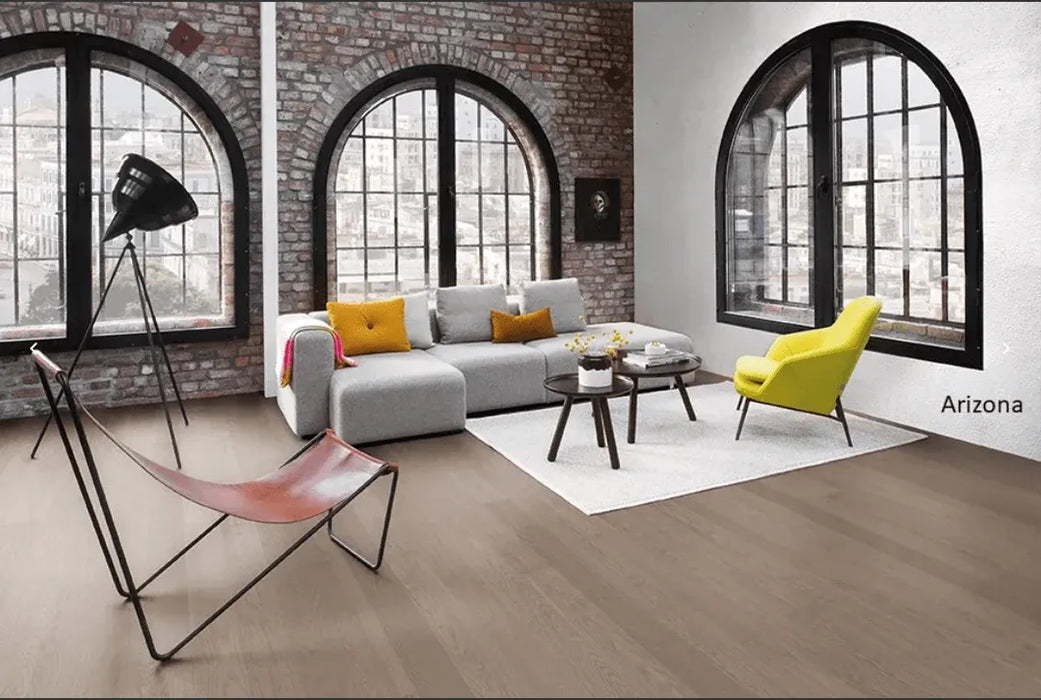 Canadian Standard BOEN Arizona Oak engineered hardwood flooring featuring 5.4-inch wide planks with natural wood grain in a living room