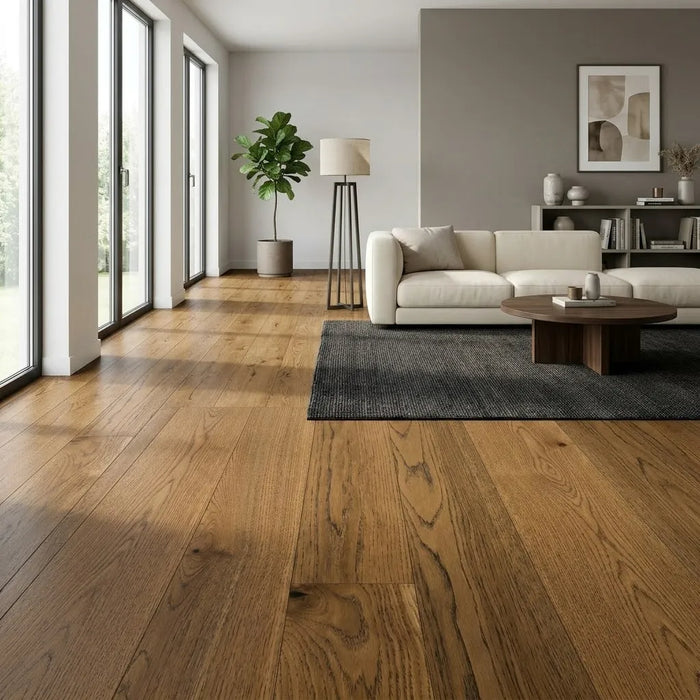 Canadian Standard BOEN Alamo Oak engineered hardwood flooring with 5.4-inch wide planks featuring rich brown tones and natural oak grain variation in a living room