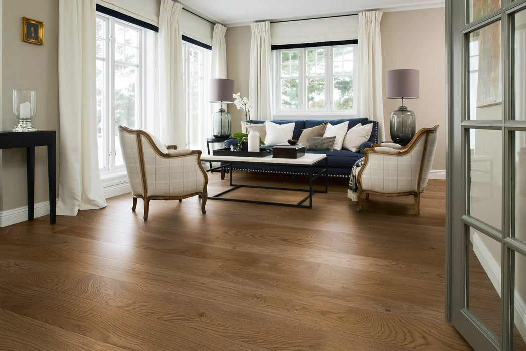 Canadian Standard BOEN California Oak engineered hardwood flooring featuring 5.4-inch wide planks with natural oak grain in a living room