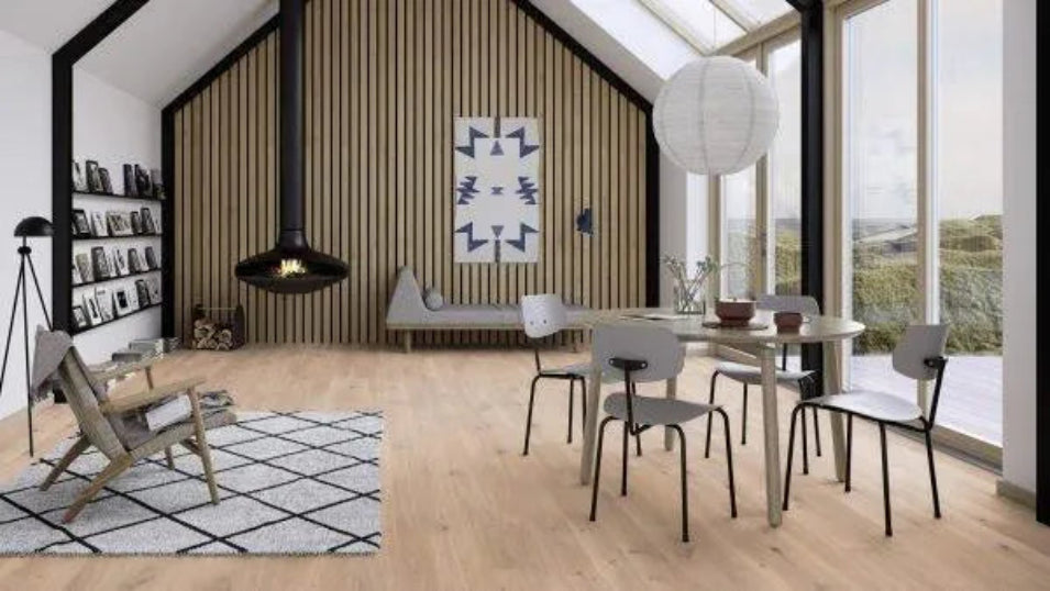 Canadian Standard BOEN Vivo White Oak engineered hardwood flooring featuring 5.4-inch wide planks with natural wood grain in a living room