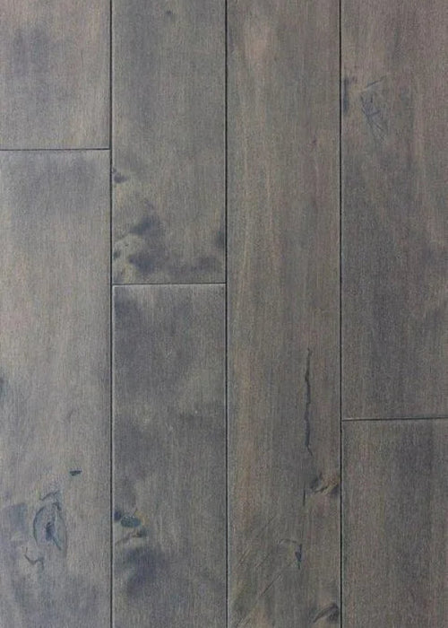 Canadian Standard Brand Coverings Chelsea Grey Maple solid hardwood flooring featuring 4.75-inch wide planks with arc-sawn and distressed surface detailing