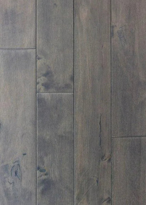 Canadian Standard Brand Coverings Chelsea Grey Maple solid hardwood flooring featuring 4.75-inch wide planks with arc-sawn and distressed surface detailing
