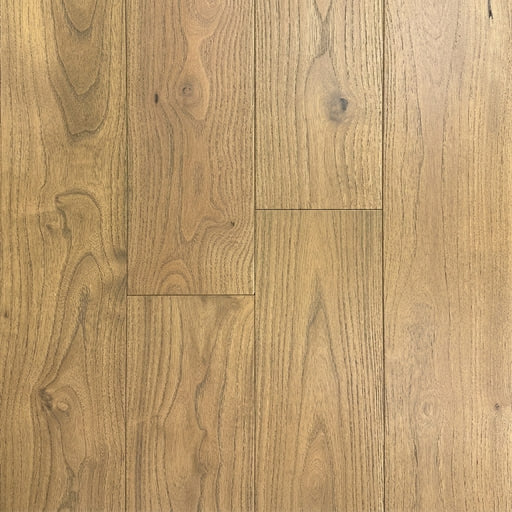 Canadian Standard Brand Coverings Loretta Teak solid hardwood flooring featuring 4 3/4-inch wide planks with a wirebrushed natural wood grain texture