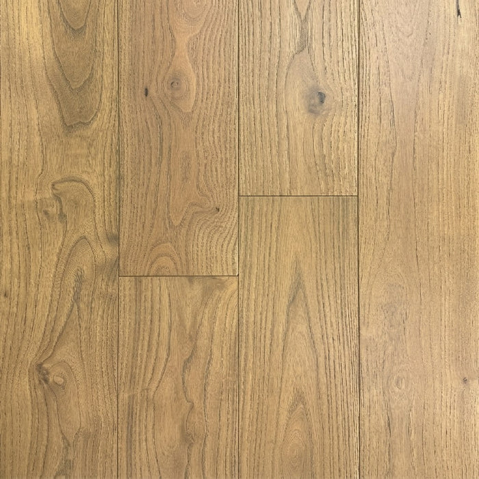 Canadian Standard Brand Coverings Loretta Teak solid hardwood flooring featuring 4 3/4-inch wide planks with a wirebrushed natural wood grain texture