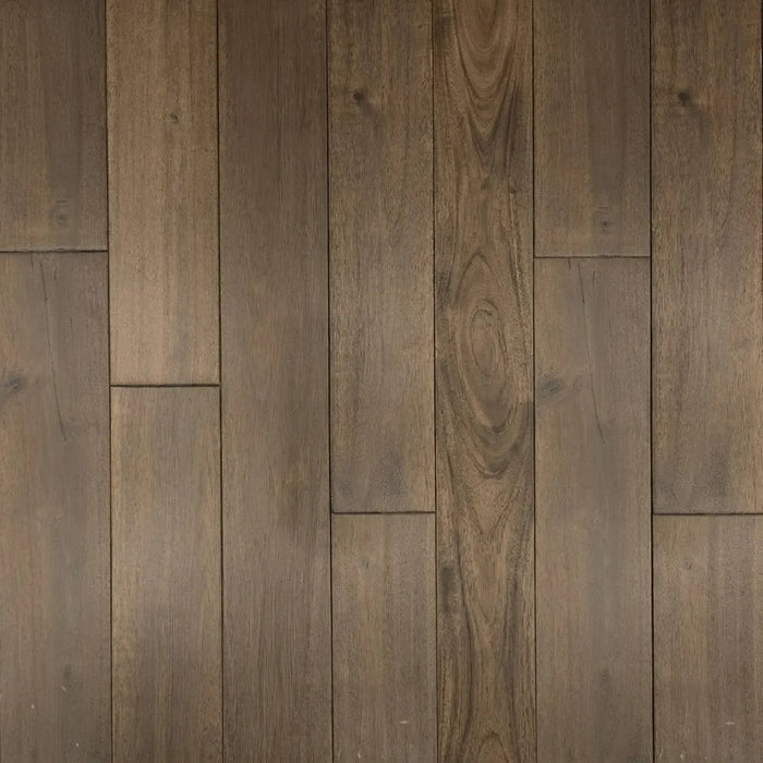 Canadian Standard Brand Coverings Smoke Infusion Acacia solid hardwood featuring 4.75-inch wide planks with wirebrushed and handscraped grain