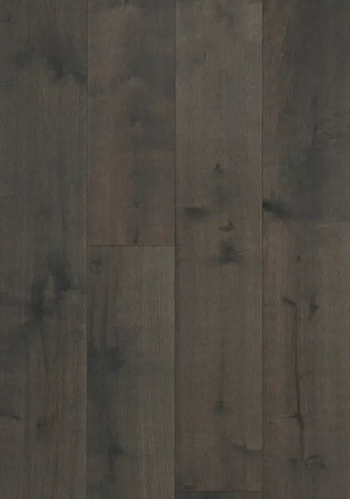 Canadian Standard Brand Surfaces Chimney Smoke Maple engineered hardwood flooring featuring 7.5-inch wide planks with wirebrushed texture