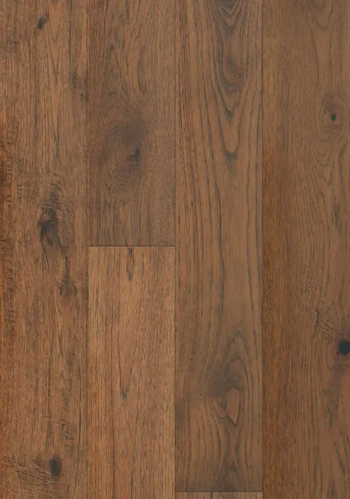 Canadian Standard Brand Surfaces Crafted Timber Hickory engineered hardwood flooring featuring 6.5-inch wide planks with natural hickory grain and handscraped texture