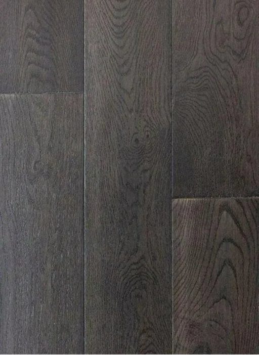 Canadian Standard Brand Surfaces Dusty Lead Oak engineered hardwood flooring featuring 6.5-inch wide planks with handscraped and wirebrushed surface texture