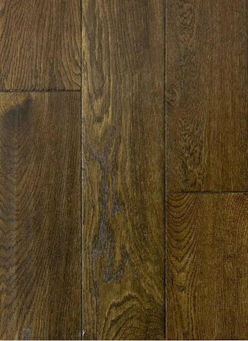 Canadian Standard Brand Surfaces Smoked Tobacco Oak engineered hardwood flooring featuring 6.5-inch wide planks with handscraped and wirebrushed texture