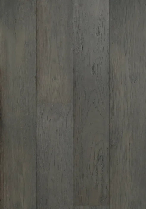 Canadian Standard Brand Surfaces Transitional Grey Hickory engineered hardwood flooring featuring 6.5-inch wide planks with handscraped texture
