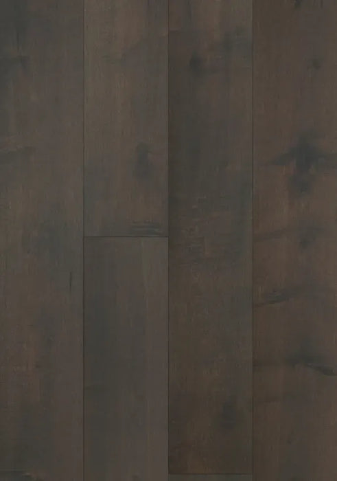 Canadian Standard Brand Surfaces Warm Onyx Maple engineered hardwood flooring featuring 7.5-inch wide planks with wirebrushed texture