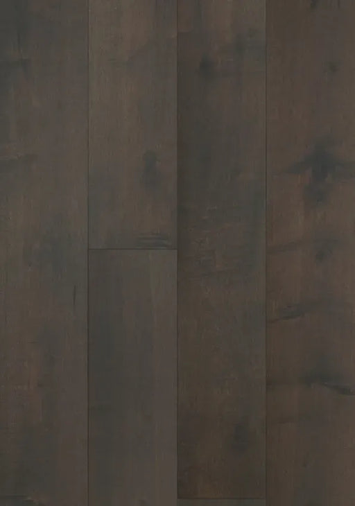 Canadian Standard Brand Surfaces Warm Onyx Maple engineered hardwood flooring featuring 7.5-inch wide planks with wirebrushed texture