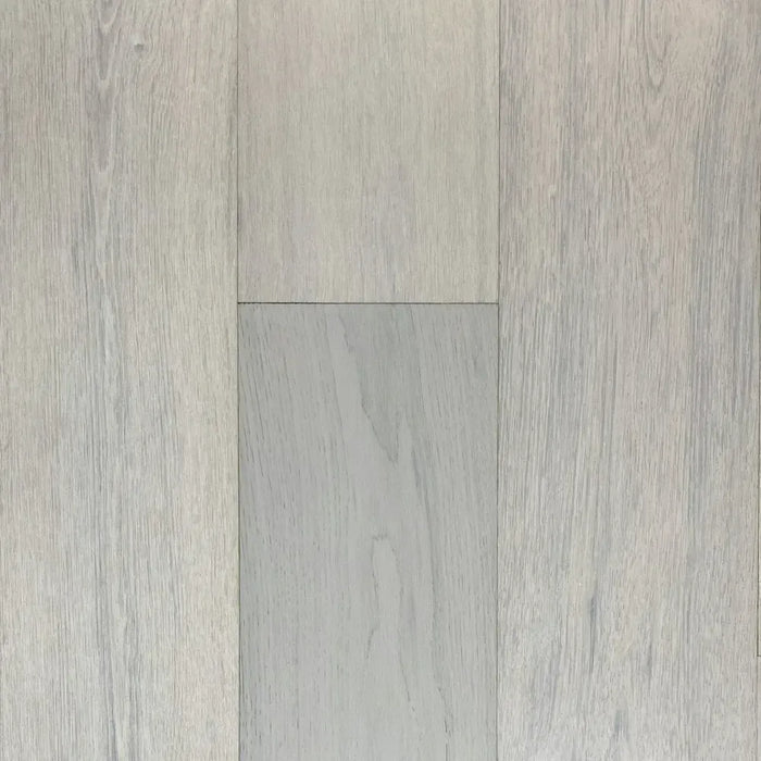 Canadian Standard Brand Surfaces Whisper White Oak engineered hardwood flooring featuring 6-inch wide planks with handscraped and wirebrushed texture