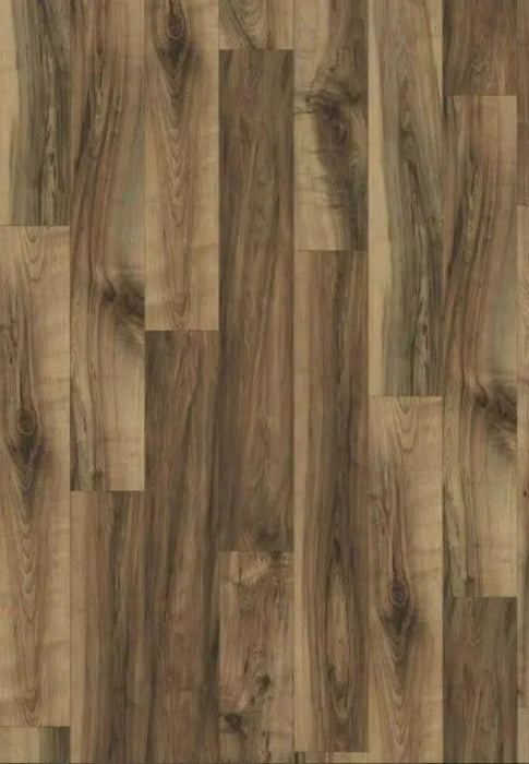 Canadian Standard EGGER PRO Gray Leoma Walnut 12mm laminate flooring featuring 7.6-inch wide planks with natural walnut-look wood grain