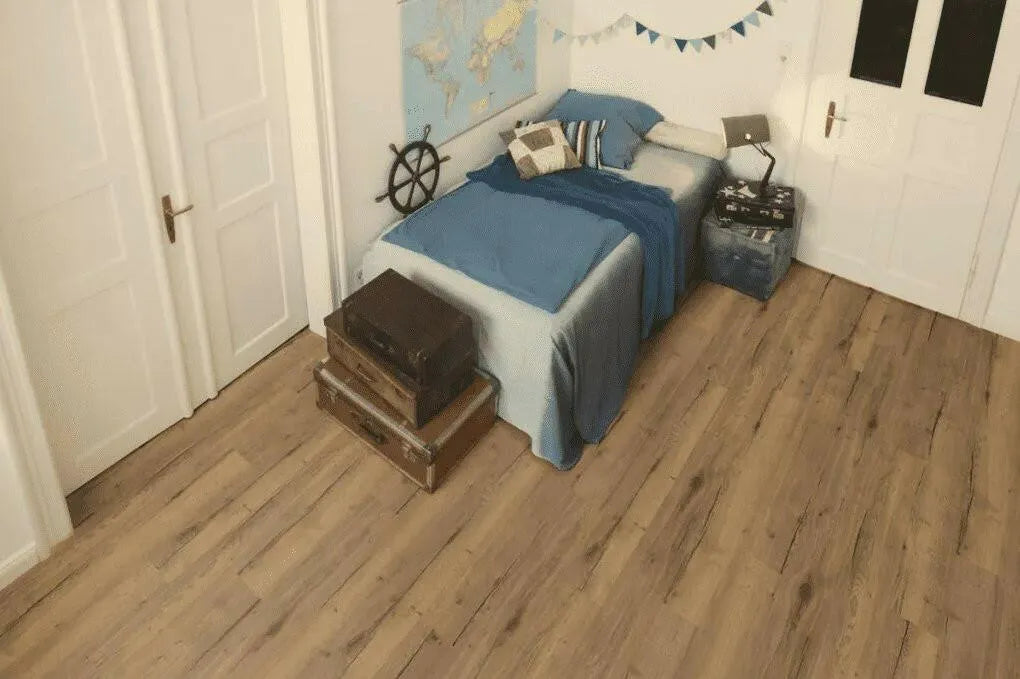 Canadian Standard EGGER PRO Valley Oak Mocca 12mm laminate flooring featuring 7.6-inch wide planks with natural oak-look grain texture in a bedroom