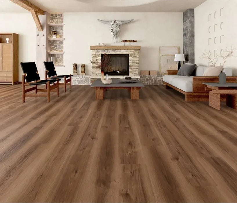 Canadian Standard Noto Elemental12 waterproof laminate flooring featuring wide 9.29-inch wood-look planks with realistic grain and textured finish in a living room
