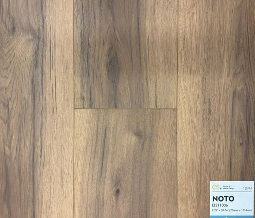 Canadian Standard Noto Elemental12 waterproof laminate flooring featuring wide 9.29-inch wood-look planks with realistic grain and textured finish