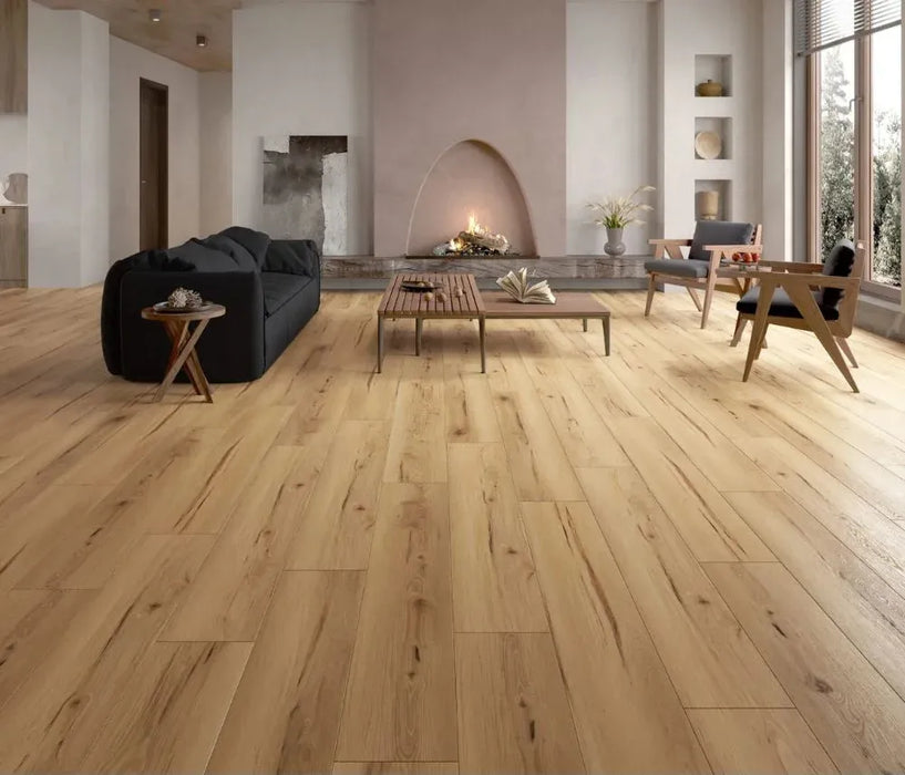 Canadian Standard Shikoku Elemental12 waterproof laminate flooring featuring wide 9.29-inch wood-look planks with realistic grain and textured finish in a living room