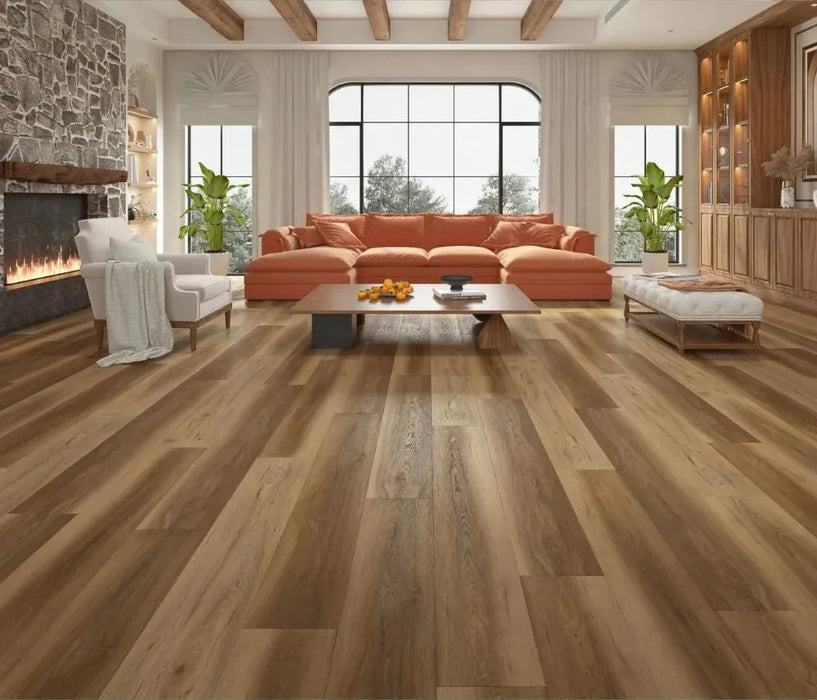 Canadian Standard Uji Elemental12 waterproof laminate flooring featuring wide 9.29-inch wood-look planks with realistic grain and textured finish in a living room