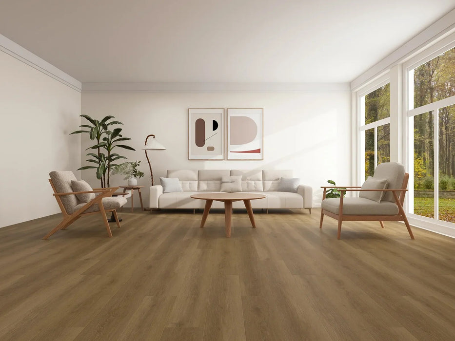 Canadian Standard Eska Evion 9 waterproof WPC vinyl flooring featuring wide wood-look planks with realistic natural grain detailing in a living room