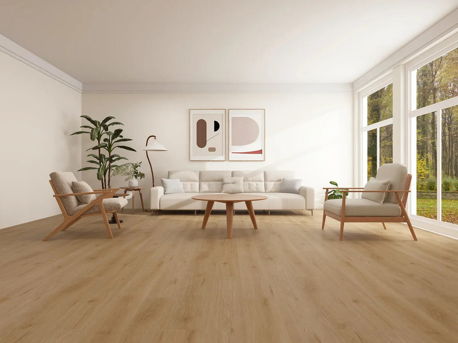 Canadian Standard Lumi Evion 9 waterproof WPC vinyl flooring featuring wide wood-look planks with realistic natural grain detailing in a living room