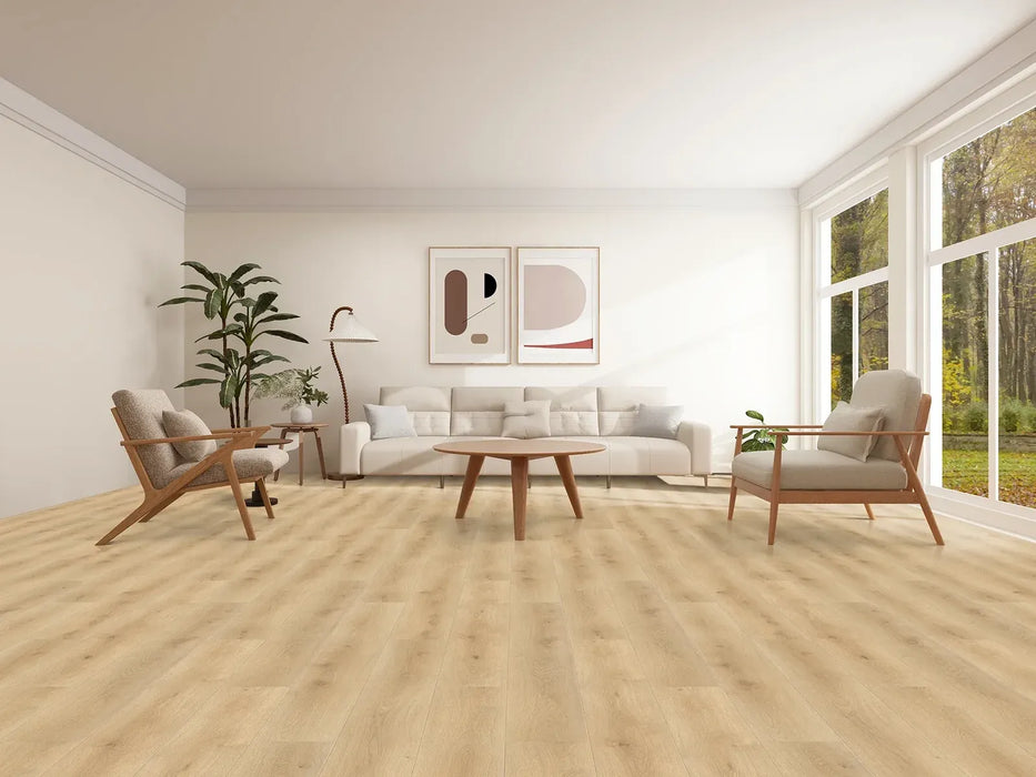 Canadian Standard Noa Evion 9 waterproof WPC vinyl flooring featuring wide wood-look planks with realistic natural grain detailing in a living room