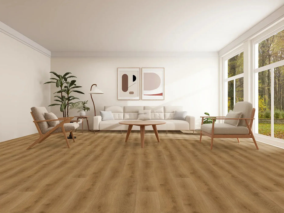 Canadian Standard Ruvo Evion 9 waterproof WPC vinyl flooring featuring wide wood-look planks with realistic natural grain detailing in a living room