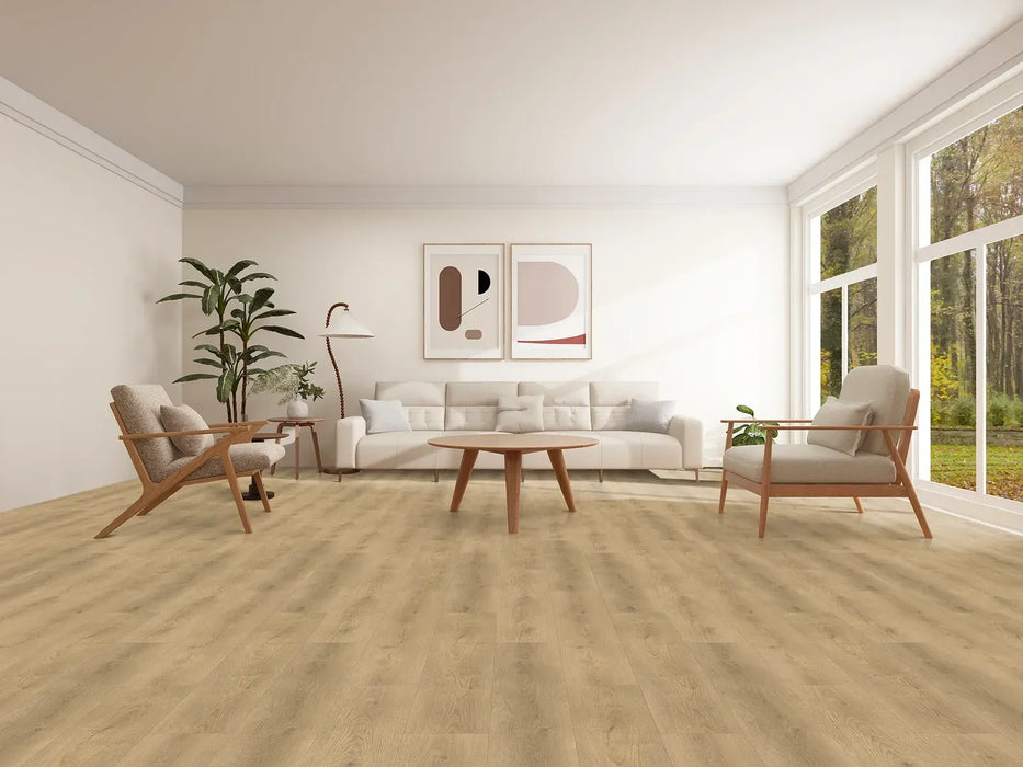 Canadian Standard Sora Evion 9 waterproof WPC vinyl flooring featuring wide wood-look planks with realistic natural grain detailing in a living room