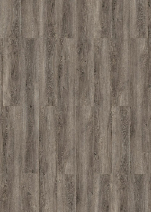 Canadian Standard Inhaus Elandura Caraway waterproof rigid core vinyl flooring featuring grey wood-look grain, medium colour variation and 6.81-inch-wide planks layout overview