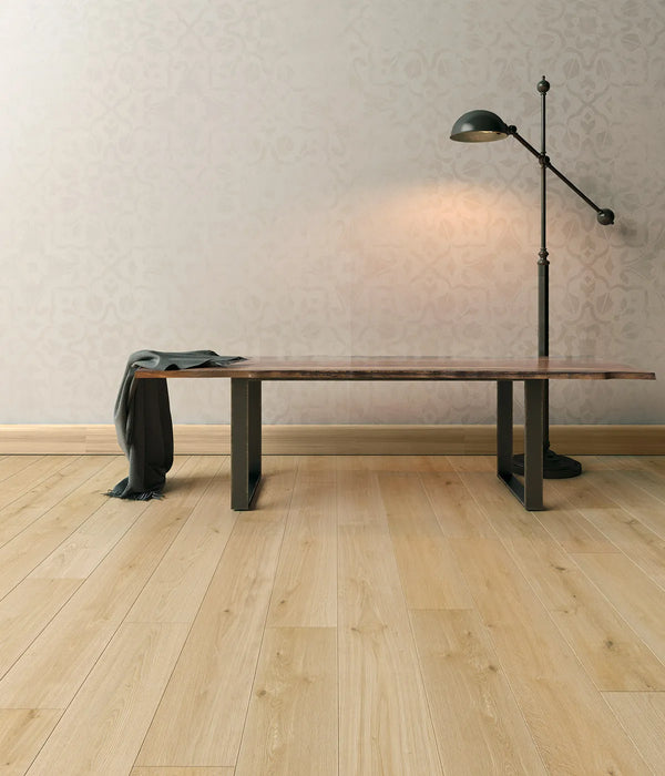 Canadian Standard Inhaus Elandura Gilmour 5mm waterproof rigid core vinyl flooring featuring light blonde wood-look grain with light tonal variation in a room scene