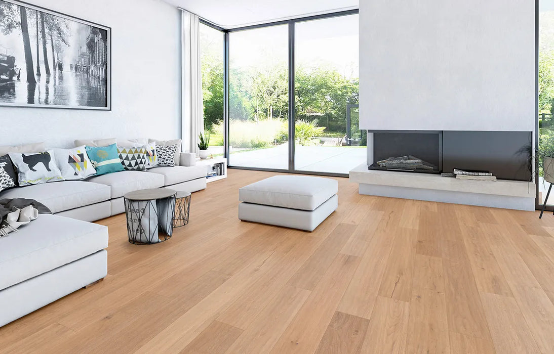 Canadian Standard Inhaus Elandura Sutter 5mm waterproof rigid core vinyl flooring featuring light blonde wood-look grain with medium tonal variation in a living room