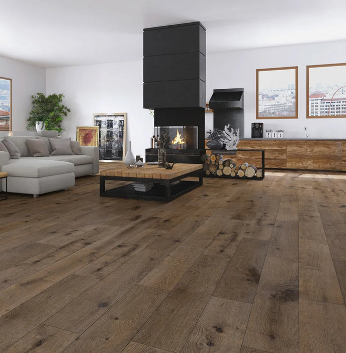 Canadian Standard Inhaus Elandura Terra 5mm waterproof rigid core vinyl flooring featuring dark brown oak-look grain with medium tonal variation in a living room