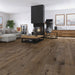 Canadian Standard Inhaus Elandura Terra 5mm waterproof rigid core vinyl flooring featuring dark brown oak-look grain with medium tonal variation in a living room