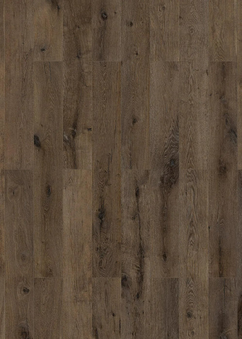 Canadian Standard Inhaus Elandura Terra 5mm waterproof rigid core vinyl flooring featuring dark brown oak-look grain with medium tonal variation plank layout