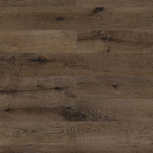 Canadian Standard Inhaus Elandura Terra 5mm waterproof rigid core vinyl flooring featuring dark brown oak-look grain with medium tonal variation