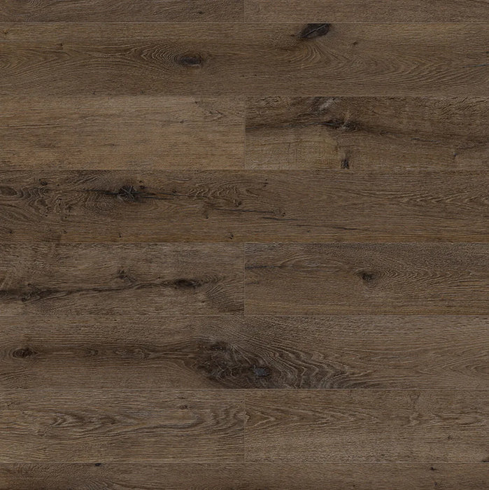 Canadian Standard Inhaus Elandura Terra 5mm waterproof rigid core vinyl flooring featuring dark brown oak-look grain with medium tonal variation