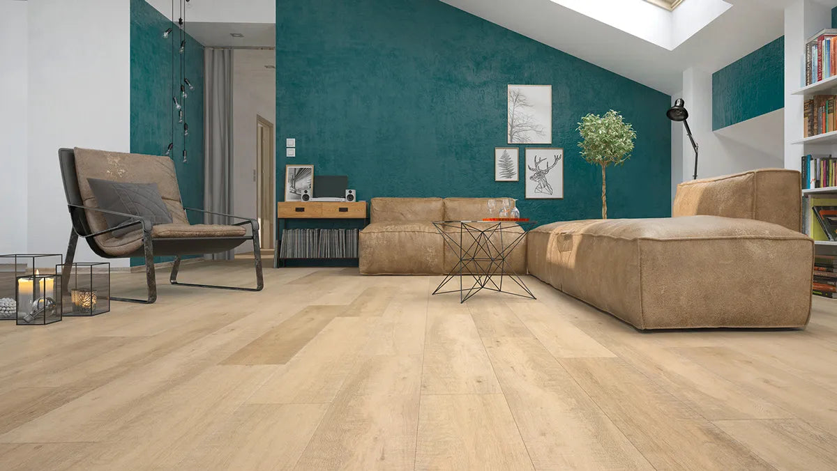 Canadian Standard Inhaus Inspiration Lamdura Edgewood 10mm water-resistant laminate flooring featuring light blonde oak-look grain and 7.56-inch-wide planks in a living room