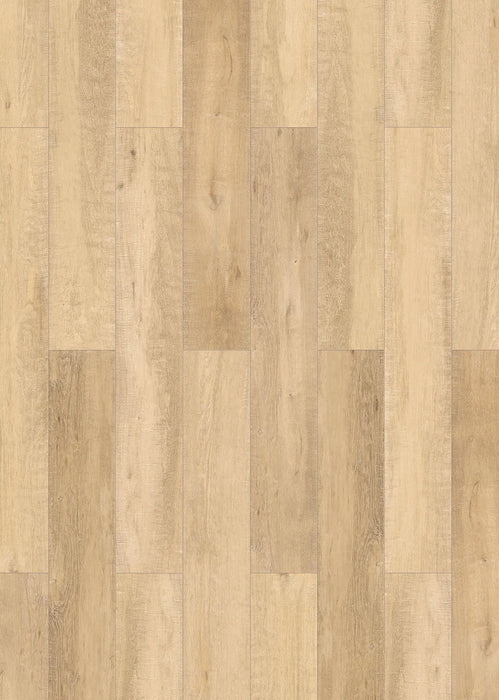 Canadian Standard Inhaus Inspiration Lamdura Edgewood 10mm water-resistant laminate flooring featuring light blonde oak-look grain and 7.56-inch-wide planks product layout