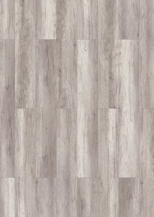 Canadian Standard Inhaus Inspiration Lamdura Oak Light Grey 10mm water-resistant laminate flooring with light grey oak-look grain and attached acoustic pad plank layout