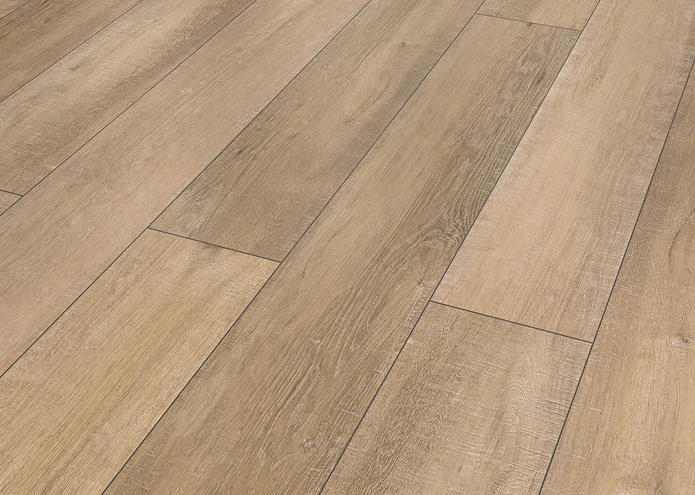 Canadian Standard Inhaus Inspiration Lamdura Selkirk 8mm water-resistant laminate flooring featuring natural wood-look grain and 7.56-inch-wide planks detail closeup