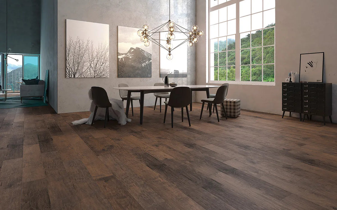 Canadian Standard Inhaus Inspiration Lamdura Tisdale 8mm water-resistant laminate flooring featuring handscraped embossed-in-register wood-grain detailing in a dining room