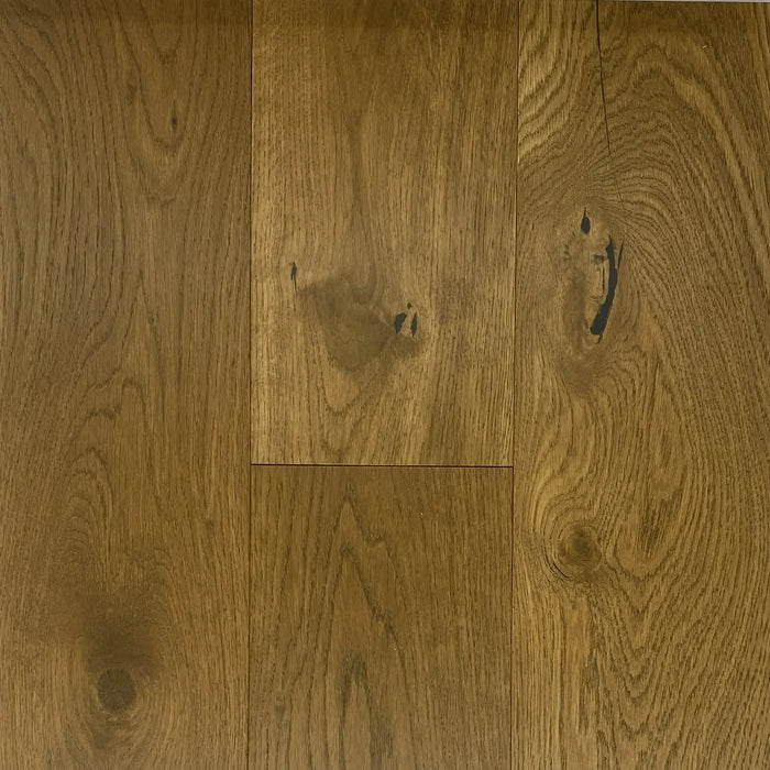 Canadian Standard Novella Alcott Oak engineered hardwood flooring featuring 6.5-inch wide planks with natural wood grain and a wirebrushed matte finish