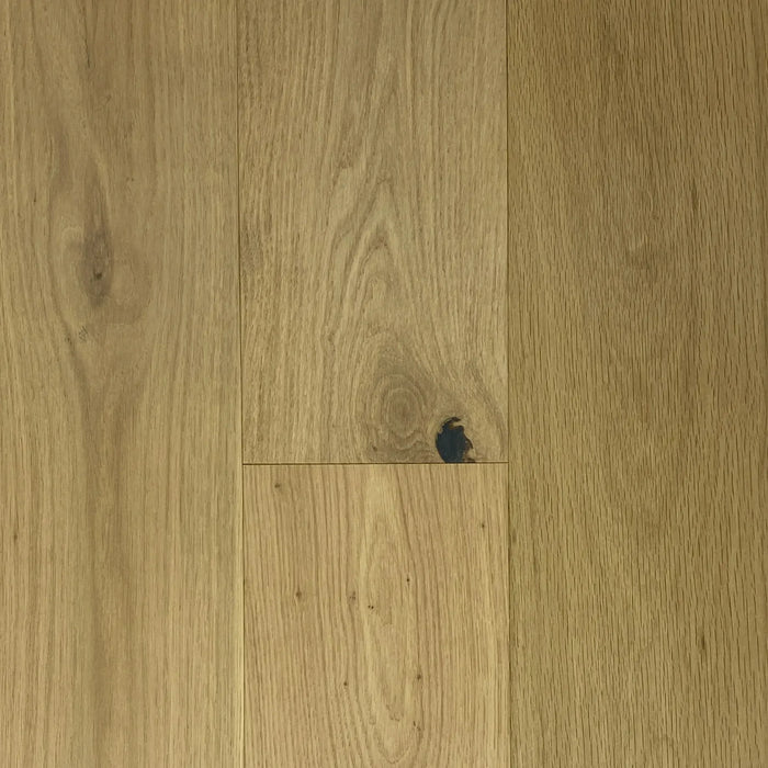 Canadian Standard Novella Atwood Oak engineered hardwood flooring featuring 6.5-inch wide planks with natural wood grain and wirebrushed texture