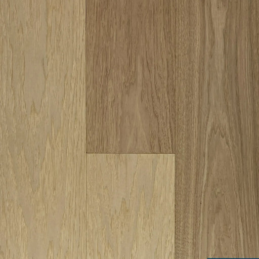Canadian Standard Novella Steinbeck American Hickory engineered hardwood flooring featuring 6.5-inch wide planks with natural grain variation and wirebrushed texture