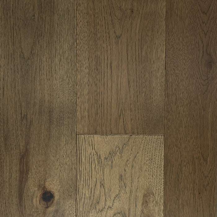 Canadian Standard Twain Novella American Hickory engineered hardwood flooring featuring 7.5-inch wide planks with natural grain and wirebrushed texture