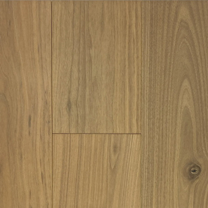 Canadian Standard Origins Astoria American Walnut engineered hardwood flooring featuring 7.5-inch wide planks with natural walnut grain and wirebrushed texture