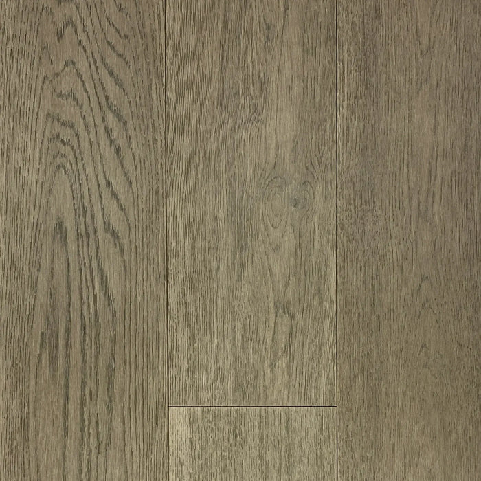 Canadian Standard Origins Planetary Silver European Oak engineered hardwood flooring featuring 6.5-inch wide planks and a wirebrushed wood grain texture