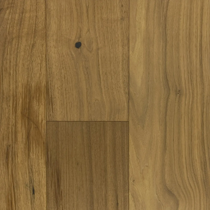 Canadian Standard Origins Royal Mile American Walnut engineered hardwood flooring featuring 7.5-inch wide planks with wirebrushed texture
