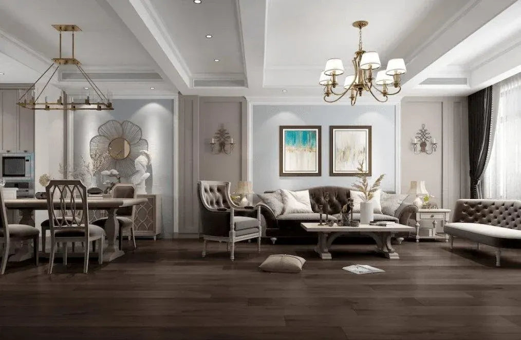 Canadian Standard Origins XL Barrymore American Hickory engineered hardwood flooring featuring 7.5-inch wide planks with natural wood grain and wirebrushed texture in a living room